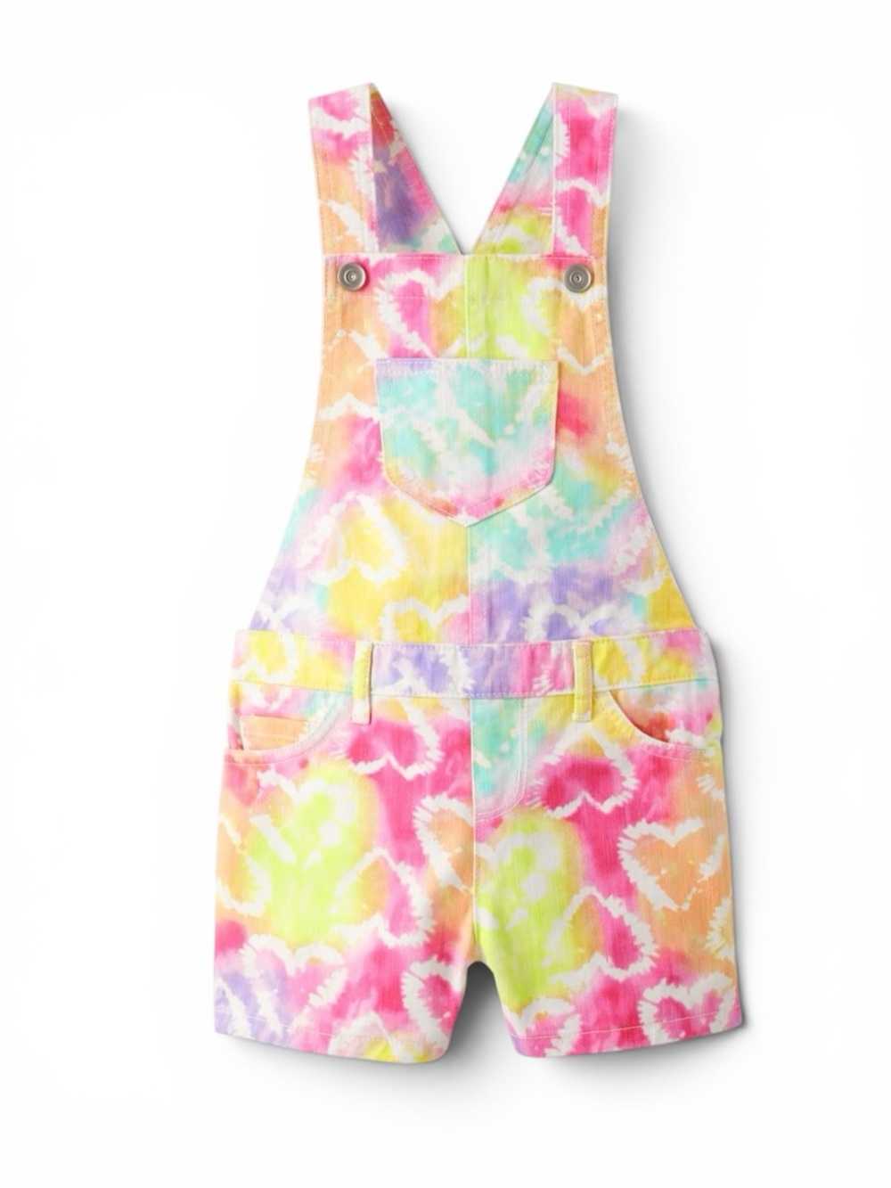 Children’s Place Rainbow Tie Dye Heart Twill Shortalls Overalls Jumper 6X/7